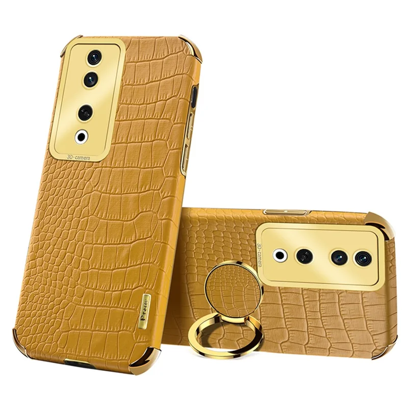 For Honor 90 Case Crocodile Texture Leather+TPU Fall-proof Shell with Ring Kickstand - Yellow