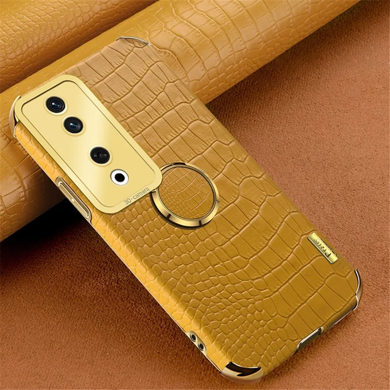 For Honor 90 Case Crocodile Texture Leather+TPU Fall-proof Shell with Ring Kickstand - Yellow