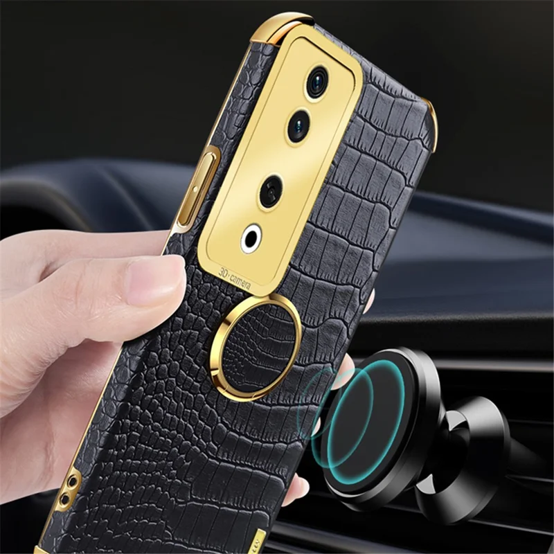 For Honor 90 Case Crocodile Texture Leather+TPU Fall-proof Shell with Ring Kickstand - Yellow