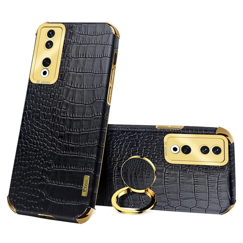 Pour Honor 90 Pro Case Crocodile Texture Leather+TPU Bump Proof Shell with Ring Kickstand - Black