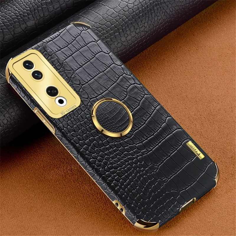 Pour Honor 90 Pro Case Crocodile Texture Leather+TPU Bump Proof Shell with Ring Kickstand - Black