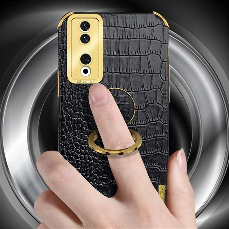 Pour Honor 90 Pro Case Crocodile Texture Leather+TPU Bump Proof Shell with Ring Kickstand - Black