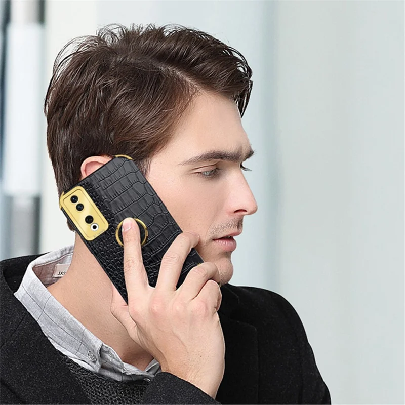 Pour Honor 90 Pro Case Crocodile Texture Leather+TPU Bump Proof Shell with Ring Kickstand - Black