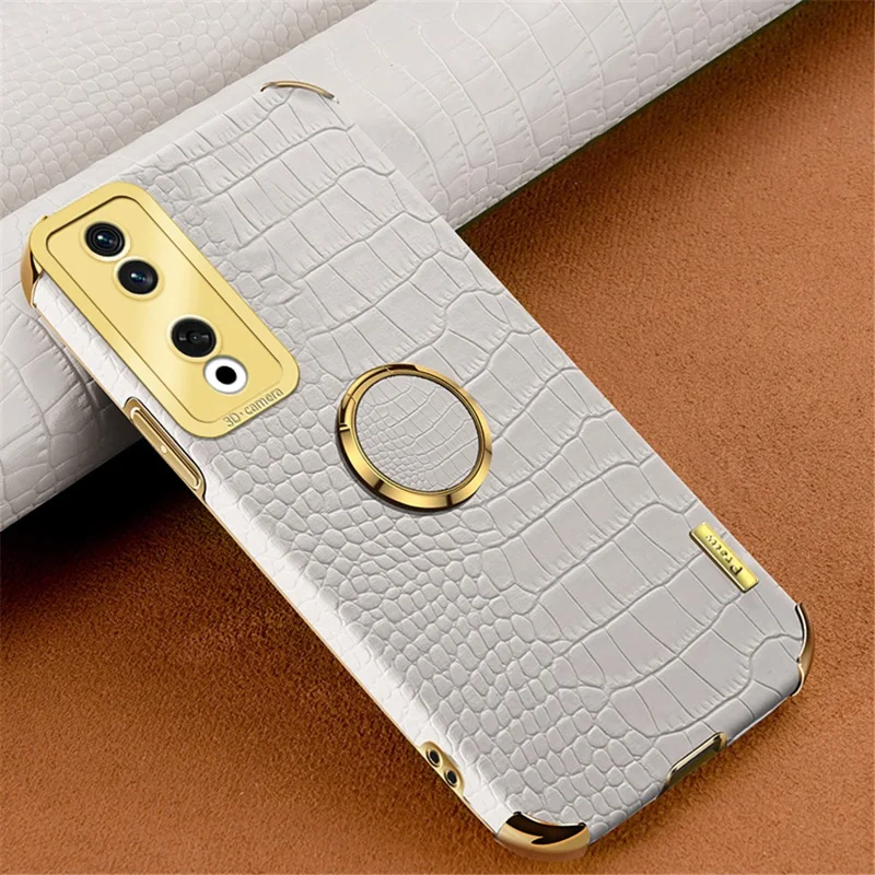 For Honor 90 Pro Case Crocodile Texture Leather+TPU Bump Proof Shell with Ring Kickstand - White