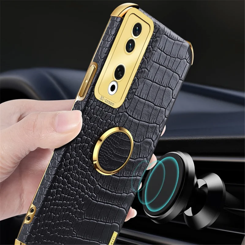 For Honor 90 Pro Case Crocodile Texture Leather+TPU Bump Proof Shell with Ring Kickstand - White