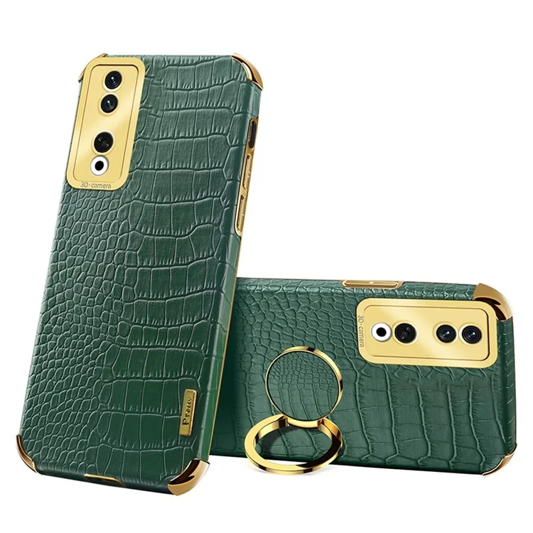 For Honor 90 Pro Case Crocodile Texture Leather+TPU Bump Proof Shell with Ring Kickstand - Grün