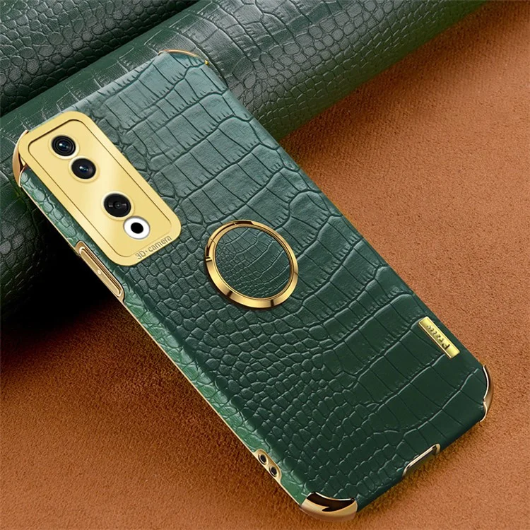 For Honor 90 Pro Case Crocodile Texture Leather+TPU Bump Proof Shell with Ring Kickstand - Grün