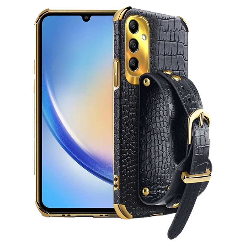 Para Samsung Galaxy A34 5G Case Crocodile Texture PU Leather+TPU Phone Cover com Pulseira - Preto