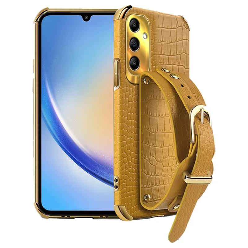 For Samsung Galaxy A34 5G Case Crocodile Texture PU Leather+TPU Phone Cover with Wristband - Yellow