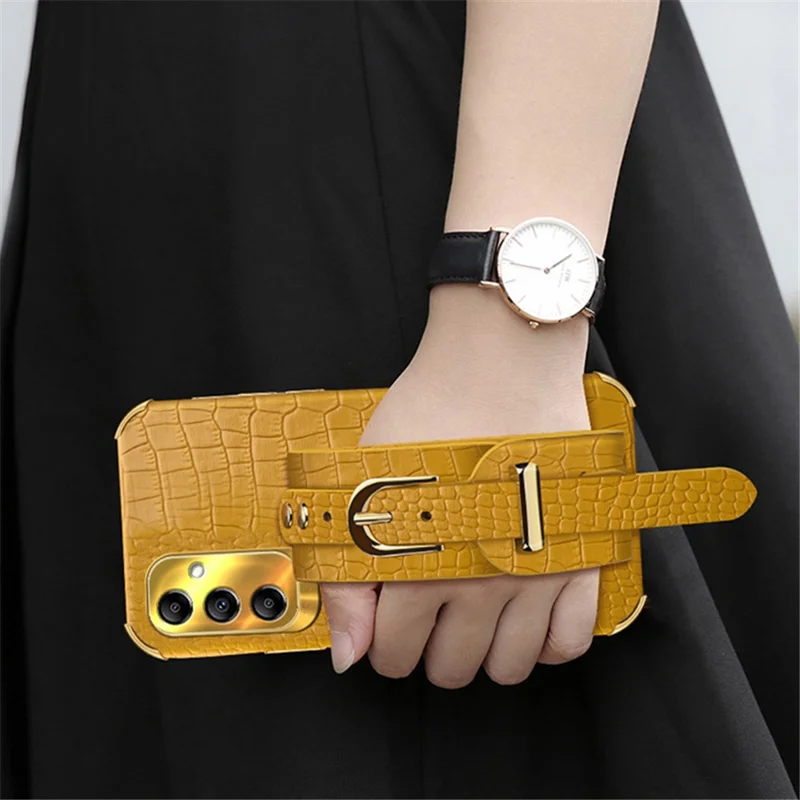 For Samsung Galaxy A34 5G Case Crocodile Texture PU Leather+TPU Phone Cover with Wristband - Yellow