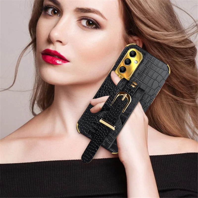 For Samsung Galaxy A34 5G Case Crocodile Texture PU Leather+TPU Phone Cover with Wristband - Yellow