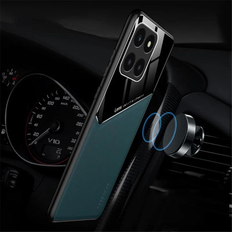 For Honor X6a 4G Case Leather+TPU+PC Phone Back Cover with Car Mount Metal Sheet - Black
