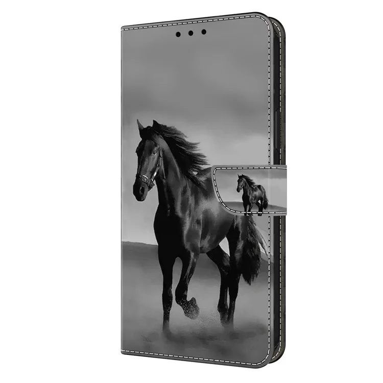 Wallet Phone Case for Motorola Moto G54 5G Case 3D Pattern Printing Leather Flip Cover - Black Horse