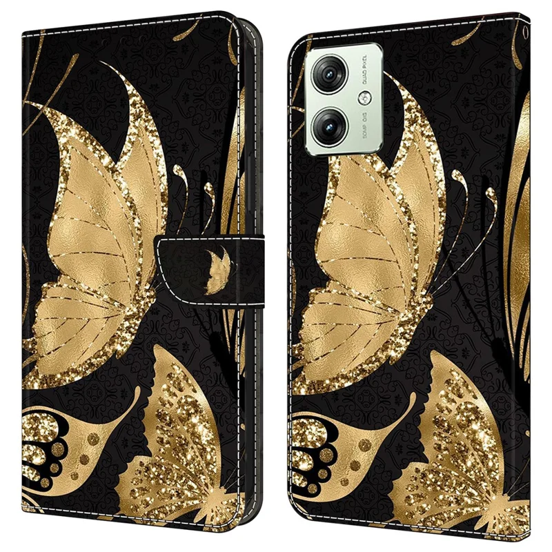 Wallet Phone Case for Motorola Moto G54 5G Case 3D Pattern Printing Leather Flip Cover - Golden Butterfly