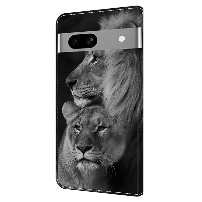 Anti-Drop Leather Flip Cover for Google Pixel 7a Case Shockproof Wallet Phone Case - Couple Lions