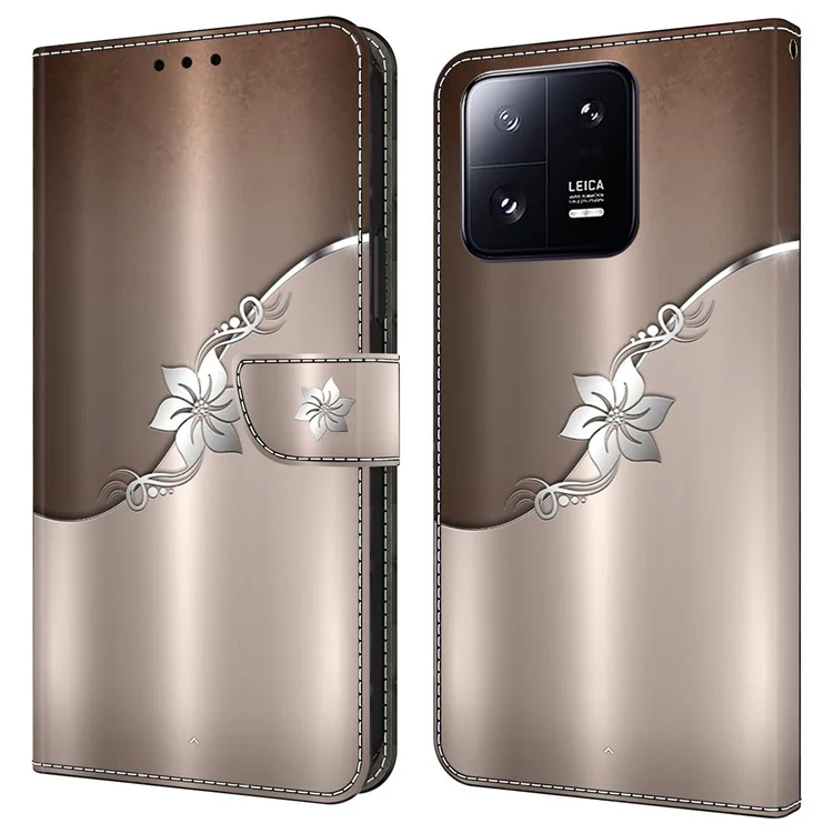 Wallet Case for Xiaomi 13 Pro 5G Case Pattern Printing Leather Flip Phone Cover - Silver Flower