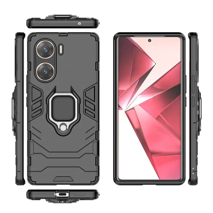 Чехол для телефона для vivo V29e (Индия) 5G, чехол из ТПУ + ПК с кольцевым держателем и подставкой - черный
