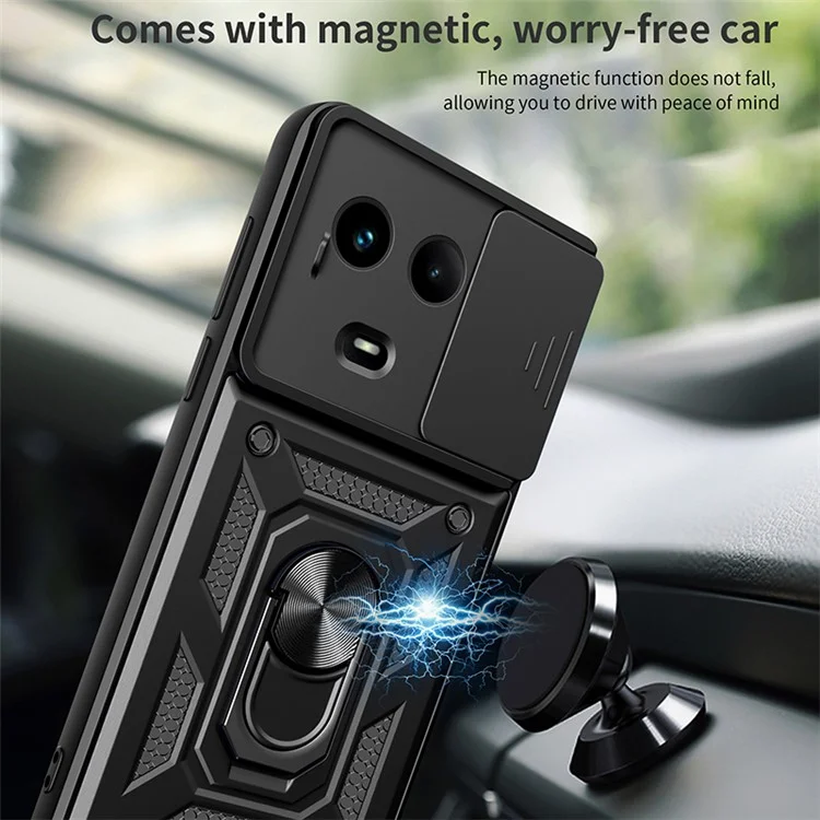 Per Realme 11x 5G / 11 5G (Global) Custodia Slide Lens Guard PC+TPU Ring Kickstand Cover per telefono - Nero