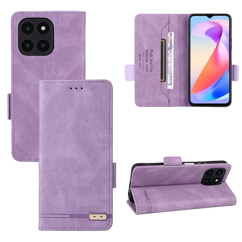 For Honor X6a 4G Case Hardware Decor Shockproof PU Leather Wallet Stand Phone Cover - Purple