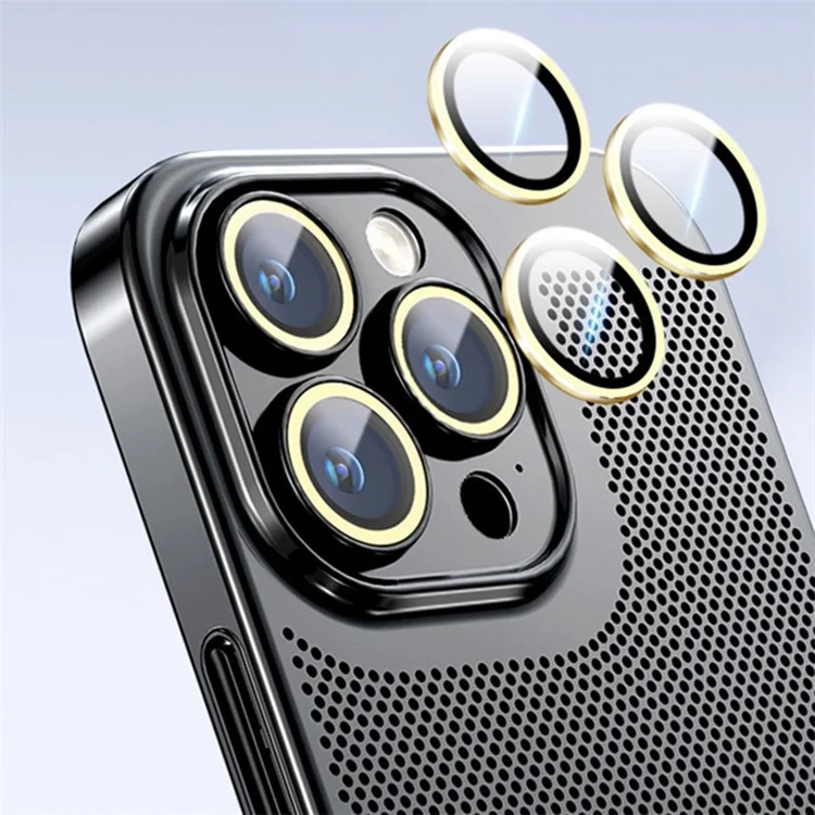 Para iPhone 15 Pro Case Heat Dissipation Holes PC Phone Cover com Protetor de Lente - Preto