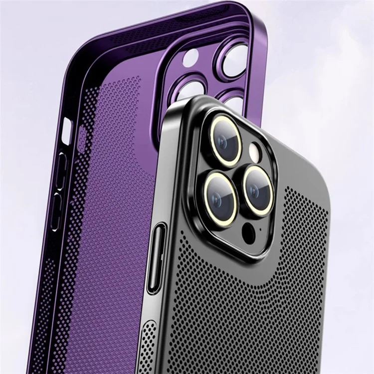 Para iPhone 15 Pro Case Heat Dissipation Holes PC Phone Cover com Protetor de Lente - Preto