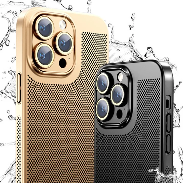 Para iPhone 15 Pro Case Heat Dissipation Holes PC Phone Cover com Protetor de Lente - Preto