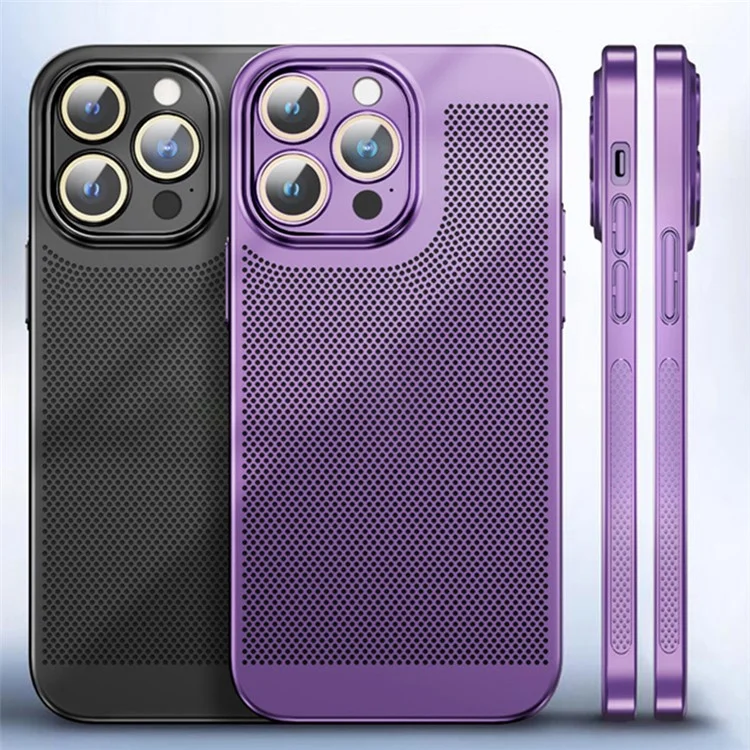 Para iPhone 15 Pro Case Heat Dissipation Holes PC Phone Cover com Protetor de Lente - Preto