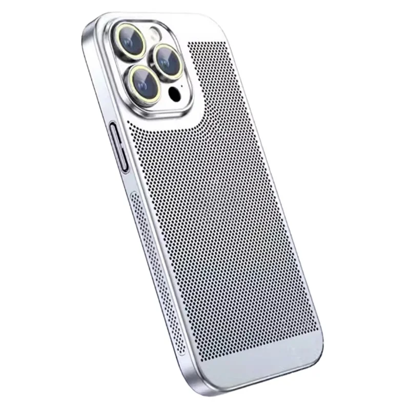 For iPhone 15 Pro Case Heat Dissipation Holes PC Phone Cover with Lens Protector - Silver