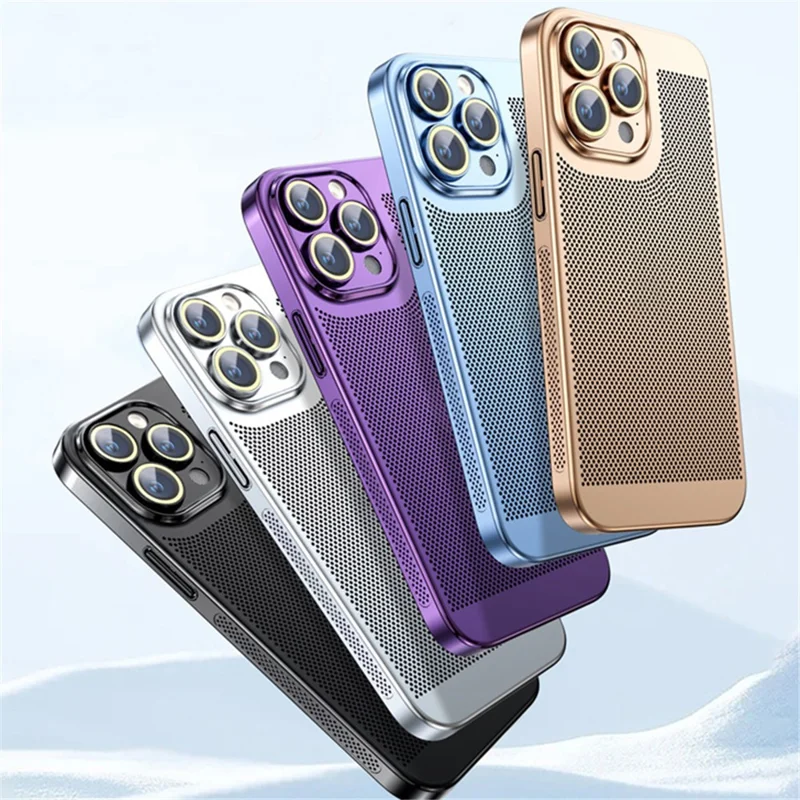 For iPhone 15 Pro Case Heat Dissipation Holes PC Phone Cover with Lens Protector - Silver