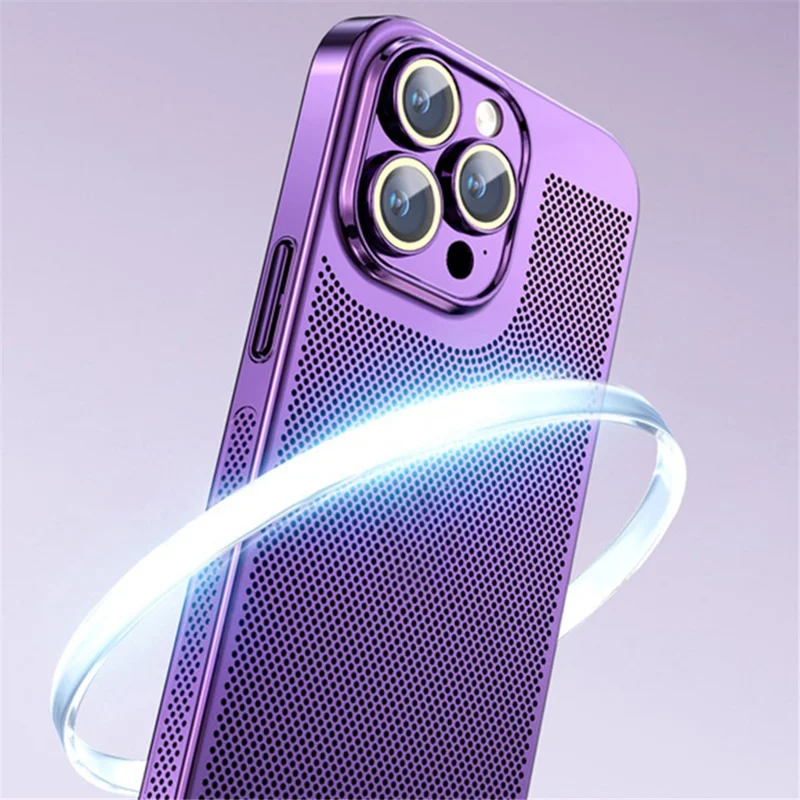 For iPhone 15 Pro Case Heat Dissipation Holes PC Phone Cover with Lens Protector - Silver