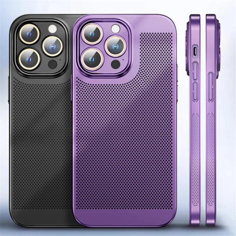 For iPhone 15 Pro Case Heat Dissipation Holes PC Phone Cover with Lens Protector - Silver