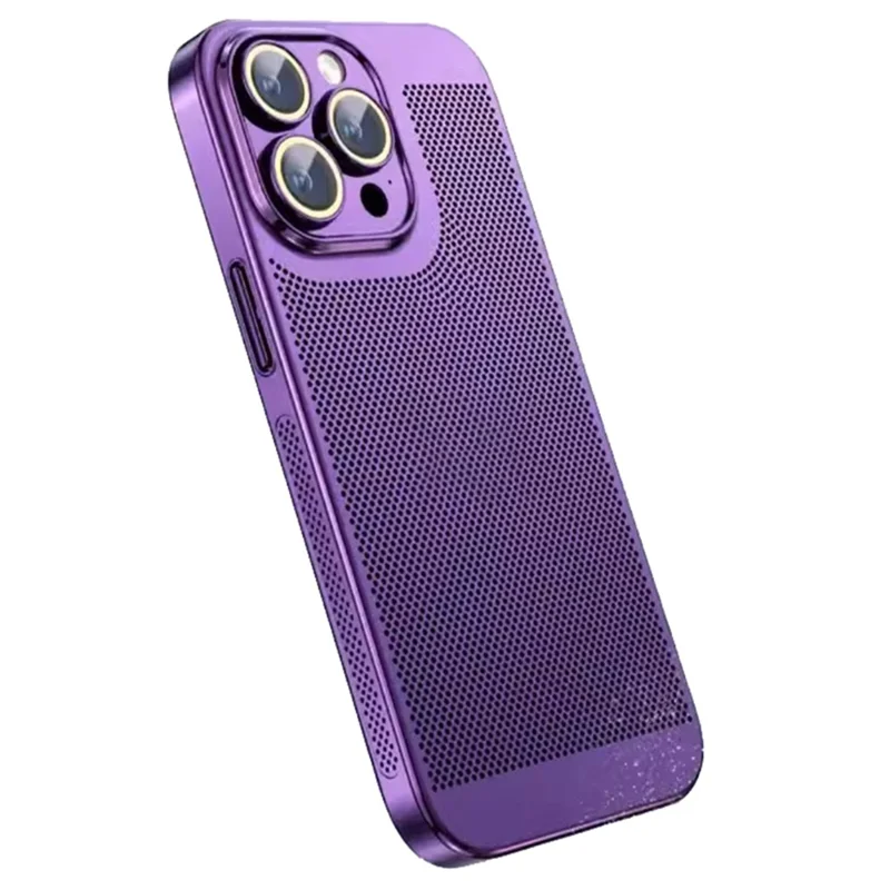 For iPhone 15 Pro Max Case Heat Dissipation Mesh Built-in Lens Film PC Phone Cover - Dark Purple