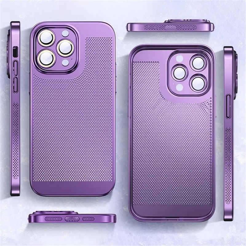 For iPhone 15 Pro Max Case Heat Dissipation Mesh Built-in Lens Film PC Phone Cover - Dark Purple