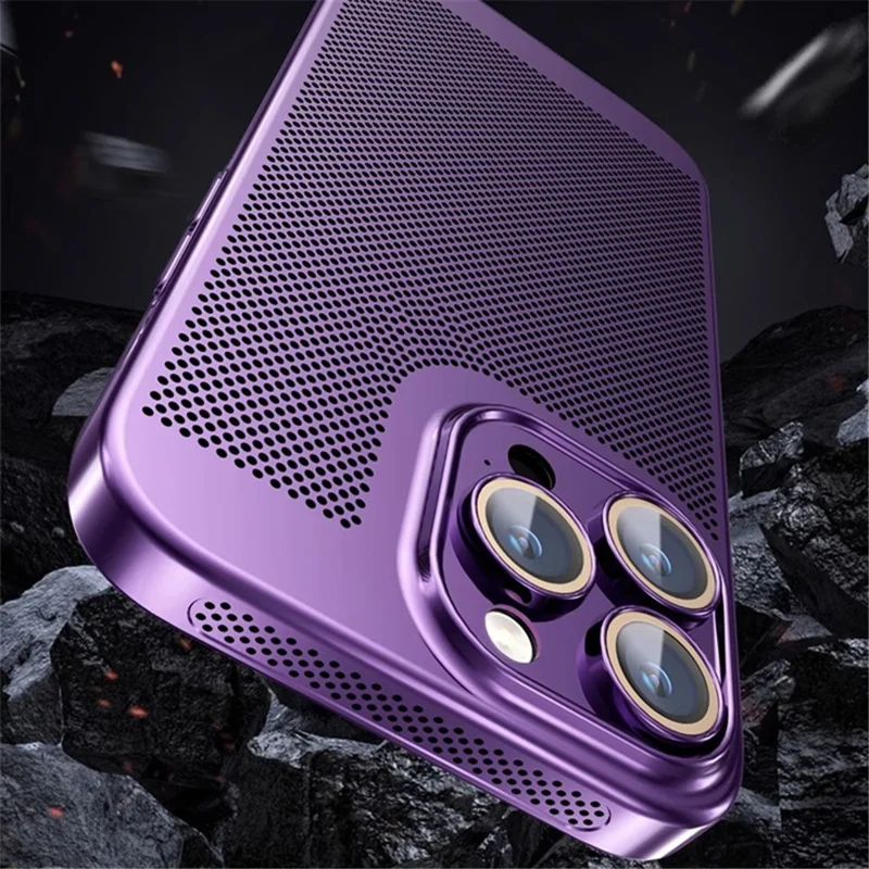For iPhone 15 Pro Max Case Heat Dissipation Mesh Built-in Lens Film PC Phone Cover - Dark Purple