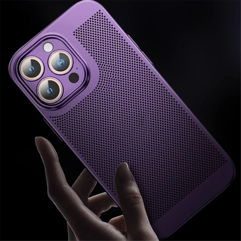 For iPhone 15 Pro Max Case Heat Dissipation Mesh Built-in Lens Film PC Phone Cover - Dark Purple