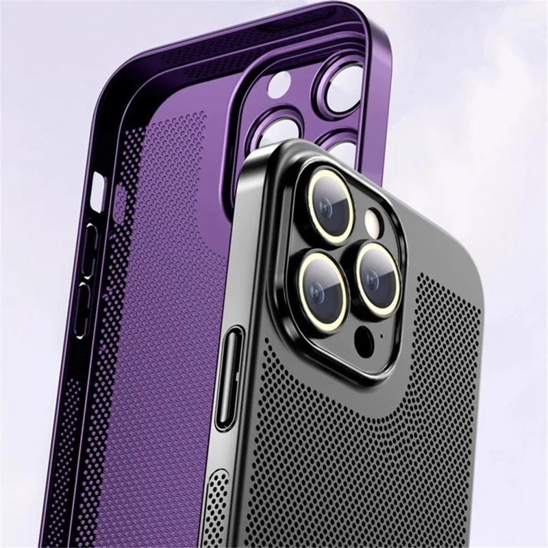 For iPhone 15 Pro Max Case Heat Dissipation Mesh Built-in Lens Film PC Phone Cover - Dark Purple