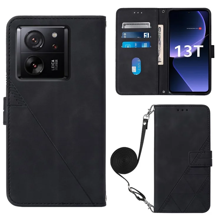 For Xiaomi 13T / 13T Pro / Redmi K60 Ultra Leather Case with Shoulder Strap Wallet Stand Phone Cover - Black