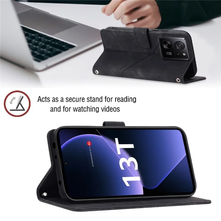 For Xiaomi 13T / 13T Pro / Redmi K60 Ultra Phone Case with Shoulder Strap Skin-Touch Leather Wallet Stand Cover - Black