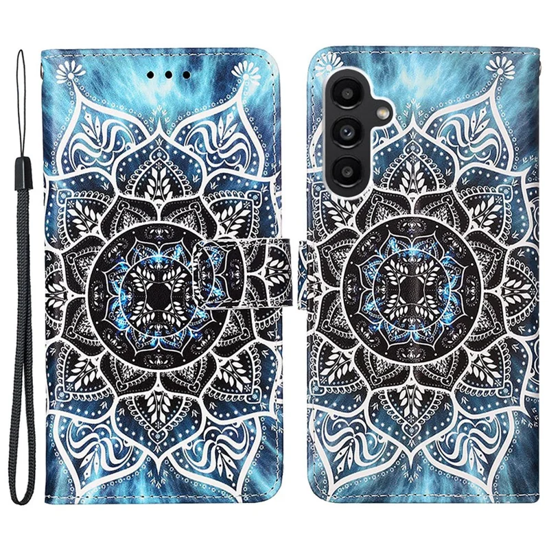 For Samsung Galaxy A15 4G Leather Case with Strap and Card Holder Pattern Printing Phone Stand Cover - Mandala Flower
