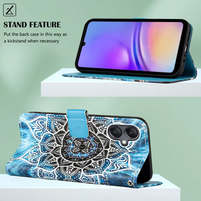 For Samsung Galaxy A15 4G Leather Case with Strap and Card Holder Pattern Printing Phone Stand Cover - Mandala Flower