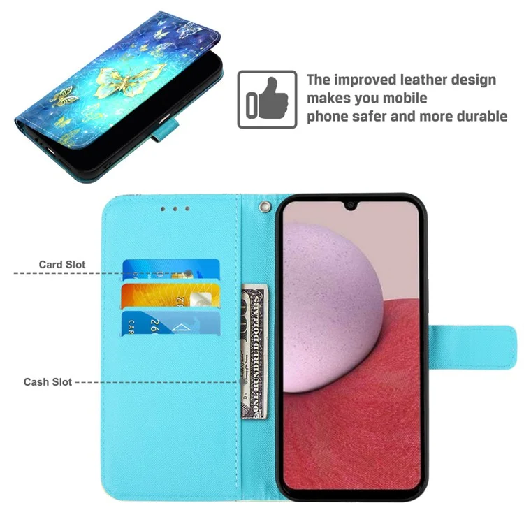 For Samsung Galaxy A15 4G 4G Leather Case 3D Pattern Printing Wallet Stand Mobile Cover with Strap - Golden Butterflies