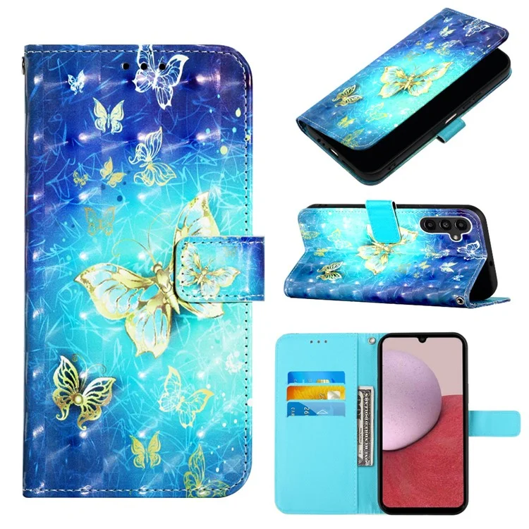For Samsung Galaxy A15 4G 4G Leather Case 3D Pattern Printing Wallet Stand Mobile Cover with Strap - Golden Butterflies