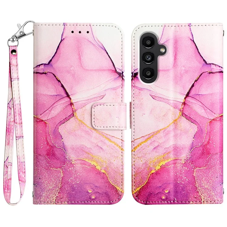 For Samsung Galaxy A15 4G Case with Strap Marble Pattern Leather Phone Cover Card Holder - Pink+Purple+Gold LS001