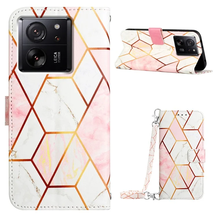 Serie de Cuero con Estampado de Patrones YB - 6 para Xiaomi 13T / 13T Pro / Funda Redmi K60 Ultra Anticorte Cubierta de Teléfono de Cuero - Rosa+Blanco LS002