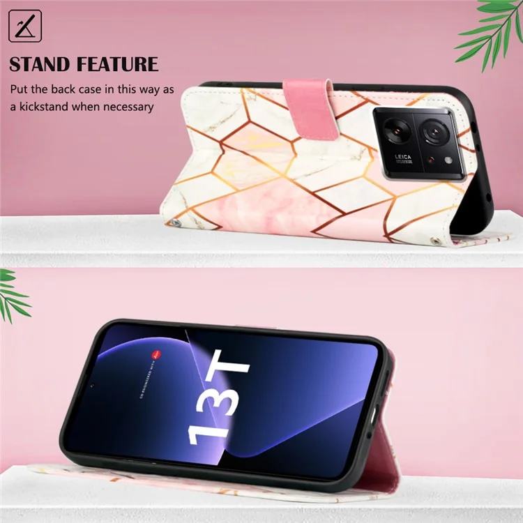 Serie de Cuero con Estampado de Patrones YB - 6 para Xiaomi 13T / 13T Pro / Funda Redmi K60 Ultra Anticorte Cubierta de Teléfono de Cuero - Rosa+Blanco LS002