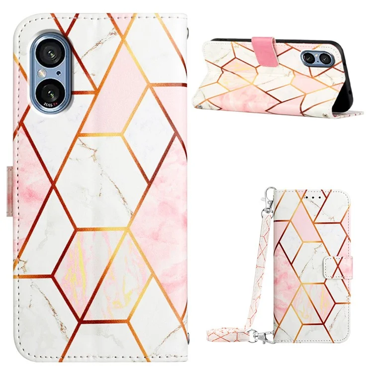 For Sony Xperia 5 V Case Leather Case with Shoulder Strap Marble Pattern Phone Stand Cover - Pink+White LS002
