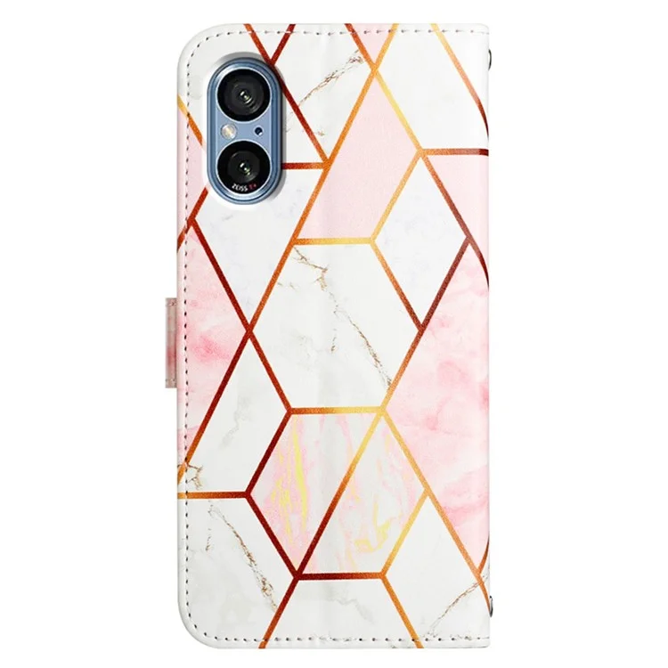 For Sony Xperia 5 V Case Leather Case with Shoulder Strap Marble Pattern Phone Stand Cover - Pink+White LS002