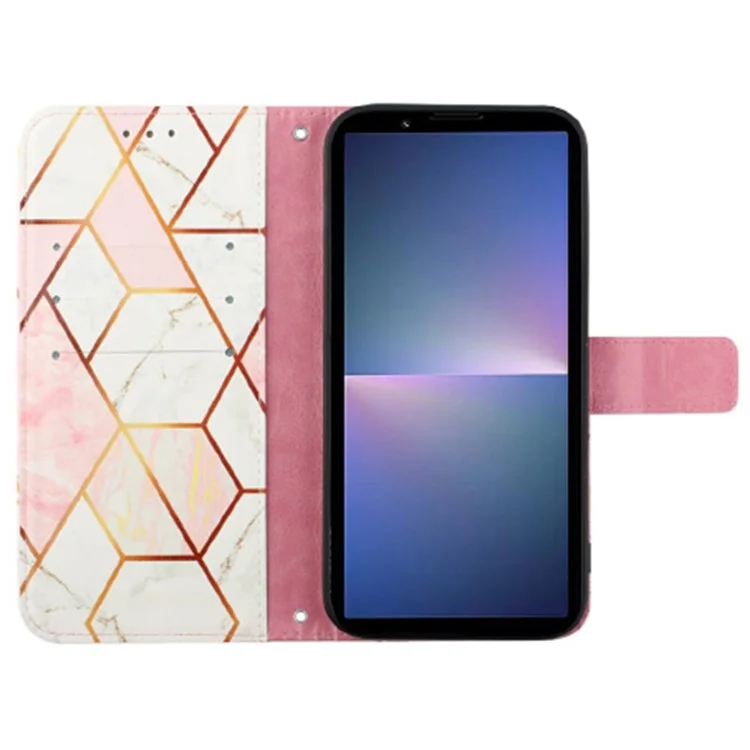 For Sony Xperia 5 V Case Leather Case with Shoulder Strap Marble Pattern Phone Stand Cover - Pink+White LS002