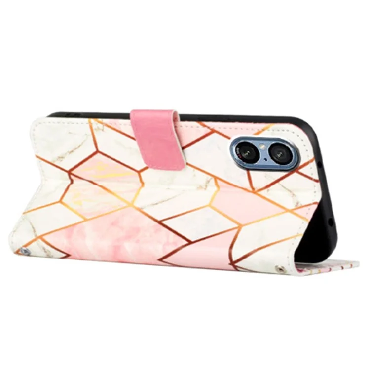 For Sony Xperia 5 V Case Leather Case with Shoulder Strap Marble Pattern Phone Stand Cover - Pink+White LS002