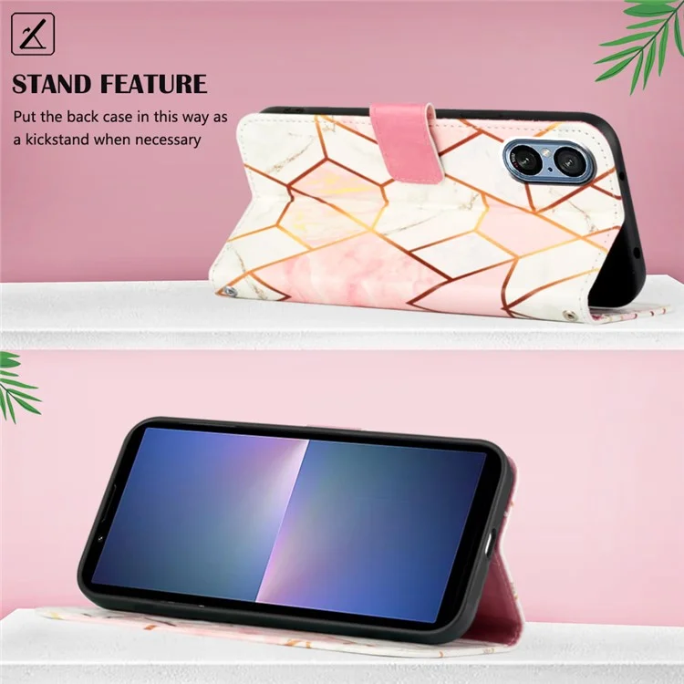 For Sony Xperia 5 V Case Leather Case with Shoulder Strap Marble Pattern Phone Stand Cover - Pink+White LS002